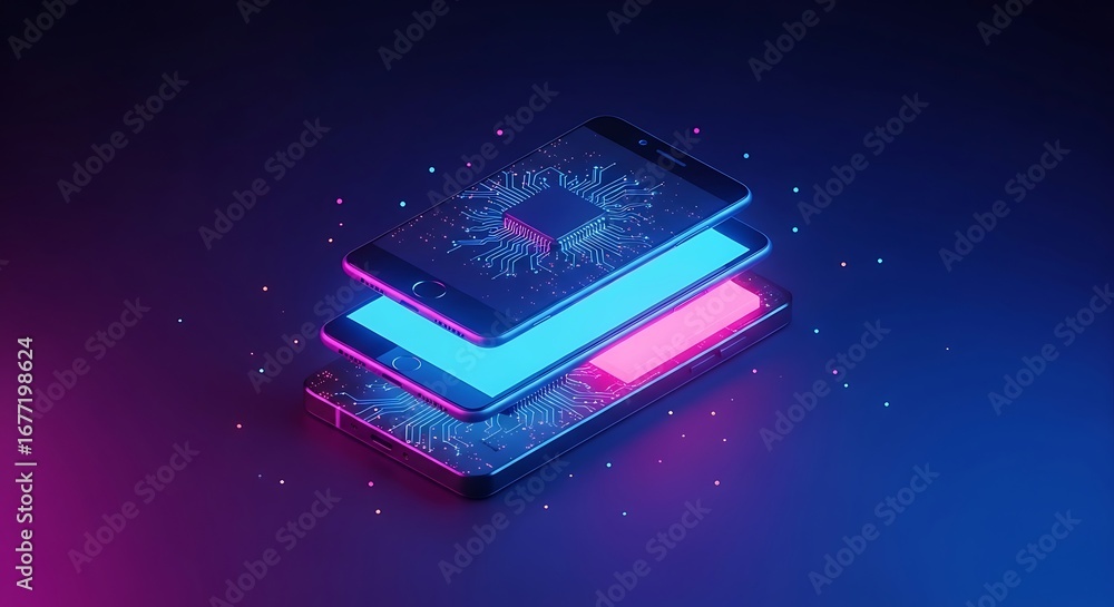 Poster abstract geometric stack of glowing books or data blocks illuminated with vibrant neon blue and pink