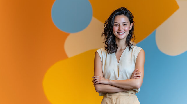 Smiling young woman standing confidently with crossed arms in front of colorful geometric orange and blue background, modern business portrait with creative and professional vibe