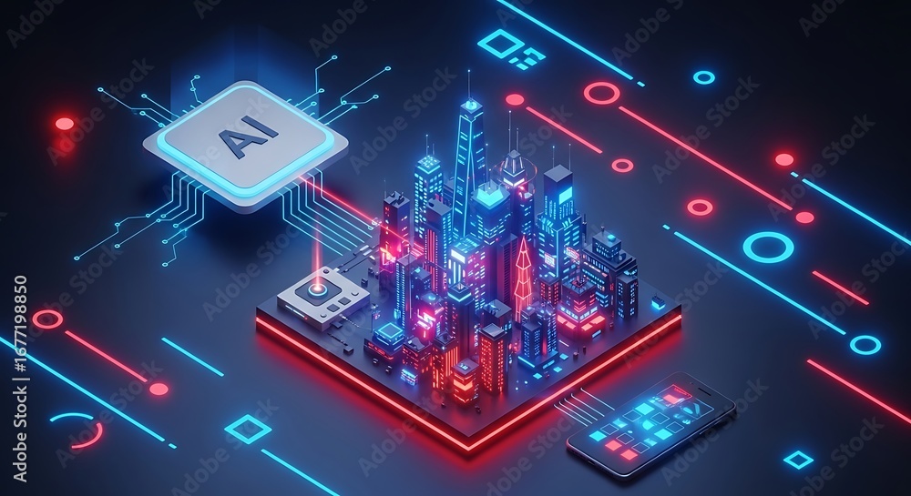 Aufkleber futuristic ai microchip powering a glowing neon city on a circuit board with digital data streams an