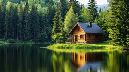 A serene wooden cabin nestled by a tranquil lake, surrounded by lush green forests, reflecting nature's beauty.