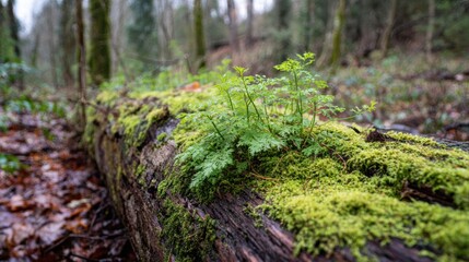 Fototapeta premium A close-up view of vibrant green ferns growing on a moss-covered log in a tranquil forest setting.