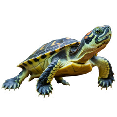 Obraz premium Captivating close-up of a vibrant red-eared slider turtle with detailed scales and curious eyes, ready for educational or naturalistic projects