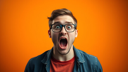 Shocked young guy in glasses opening mouth in disbelief on orange studio background. Overwhelmed hipster man feeling stunned, learning about breathtaking promo or huge sale