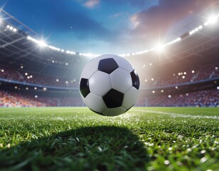 Fototapeta premium A soccer ball hovers above the green grass of a professional stadium field under bright lights at dusk.
