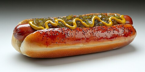 Delicious gourmet hot dog with mustard and relish, perfect for summer cookouts and fast food promotions