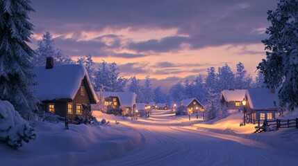 A serene winter village scene at dusk, featuring cozy homes blanketed in snow, surrounded by trees, with warm lights glowing against a tranquil sky.