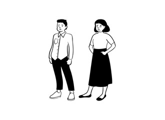 Vector illustration of two male and female characters in simple black and white cartoon style, minimalist design suitable for icons, posters, stickers or modern graphic elements.