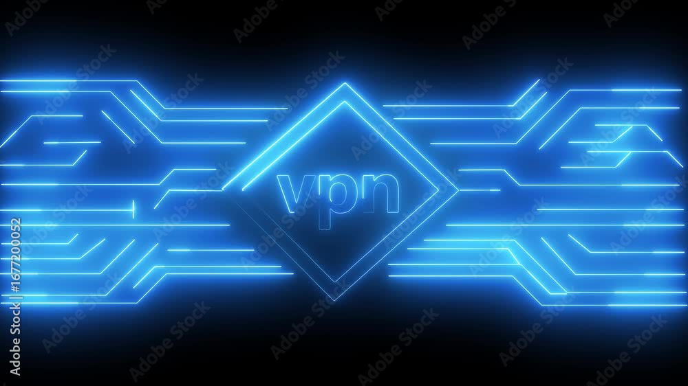 Poster neon blue circuit board pattern with a diamond shape containing the word vpn virtual private network