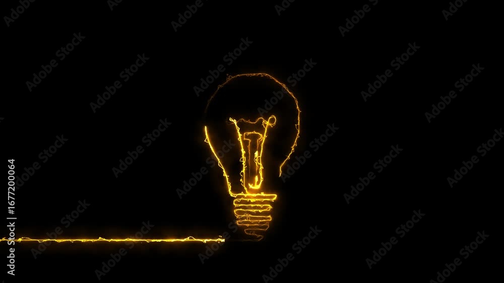 Poster glowing orange outline of a light bulb with a trailing line on a black background idea innovation