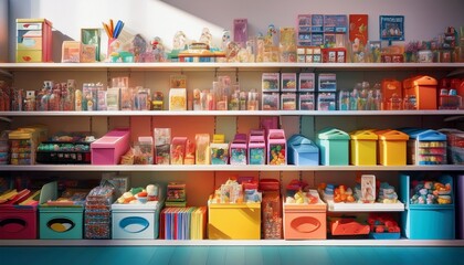 toy store pop mart shelves featuring collectibles and colorful items under bright lighting