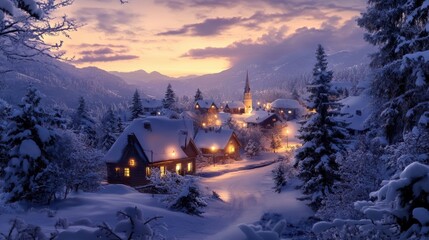 A picturesque winter village blanketed in snow, illuminated by warm lights, with mountains in the background and a serene twilight sky.