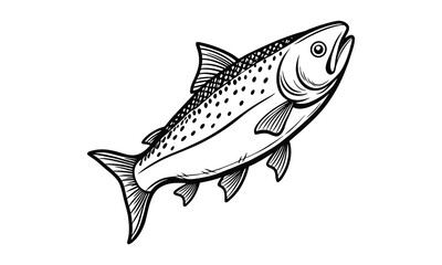 Salmon fish Kids silhouette and vector line art t shirt design, intricate detailed drawing, adult coloring pages, printable art for stress relief and relaxation, high-quality illustration.