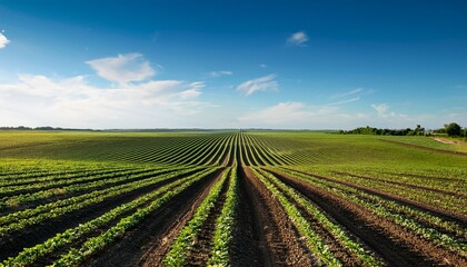 view of agricultural farm field against sky rows of agricultural green farming land with blue sky