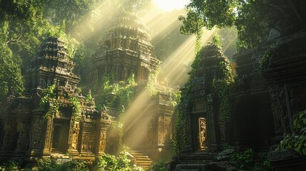 Ancient temples hidden in lush greenery, illuminated by soft rays of sunlight, creating a mystical and serene atmosphere.