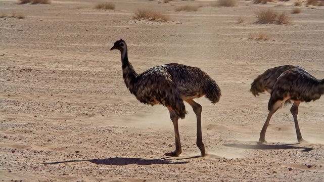 Two emus in desert landscape, emu running in sand, animal wildlife in arid environment.