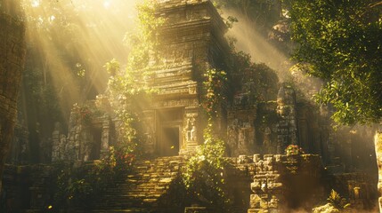 An ancient temple overgrown with greenery, illuminated by sunlight filtering through the trees, creating a mystical atmosphere.