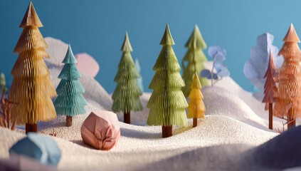 Pastel-colored paper trees stand in a miniature, sandy, snow-covered landscape under a serene blue sky. A crumpled paper ball rests in the foreground