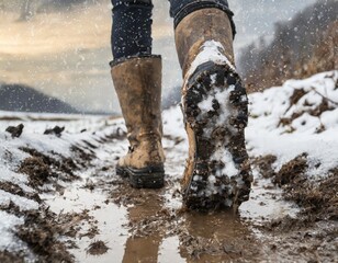 Close up of a person's boots running on snowy muddy ground. Generated with AI