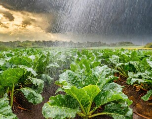 Fresh leaves and young sugar beet sprouts are growing in the field under the rain. Generated with AI