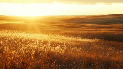 A serene golden landscape at sunset, with vast fields illuminated by warm sunlight, creating a tranquil and picturesque scene.