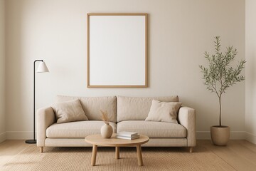 Scandinavian interior Beige Scandinavian interior Features A Blank frame mockup Above A Comfortable Neutral Sofa wall art