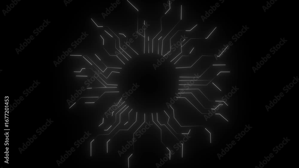 Poster glowing white circuit board pattern forming a circular tunnel effect on black background technology 