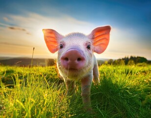 Cute piglet standing in a grassy field, enjoying nature. Generated with AI