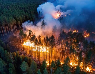 An overhead view of a forest fire at night. Generated with AI