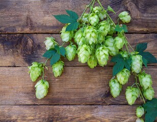 Fresh cones of green hops on the wooden background. Generated with AI