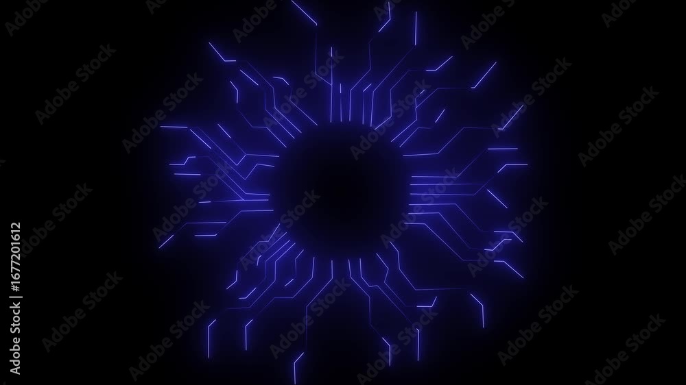 Poster glowing blue circuit board pattern forming a circular tunnel effect on black background technology a
