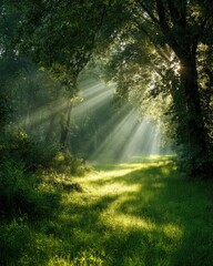 Sunlight streams through a lush forest