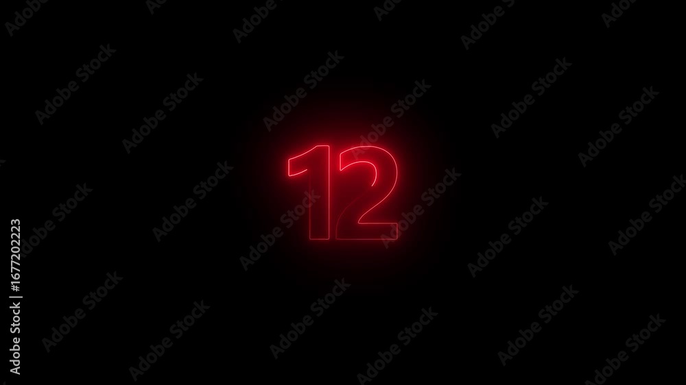 Poster glowing red neon number twelve on black background numeral digit