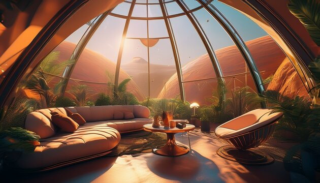 lush interior of a geodesic dome habitat on mars creating a new frontier