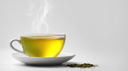 A steaming cup of green tea on a white background, accompanied by loose tea leaves for a calming beverage experience.