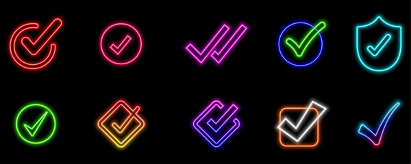 Vector 3d Green Check mark realistic icon set. neon style.Modern plastic round, square, starburst and wavy checked badge with check mark, approved icon isolated. Official green button. 3d 