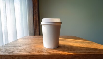 minimalist white paper cup on wooden table soft natural lighting clean and simple design eco friendly modern empty suitable for hot or cold beverage neutral background