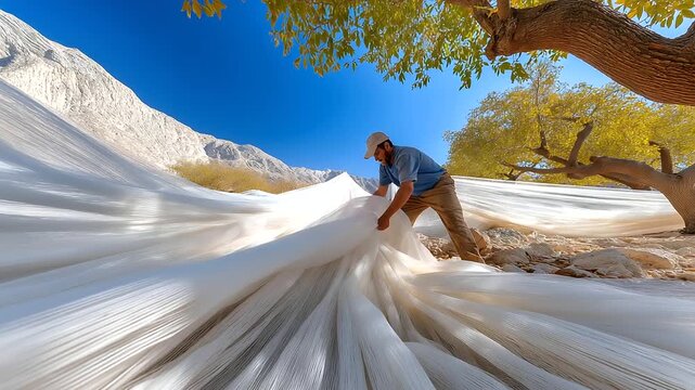 Harvesters pick almonds in a dusty grove with nuts shaking from trees nets catching a tractor humming and a clear sky above captured in a dynamic photo with nut shells net