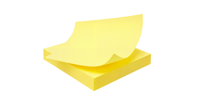 Yellow sticky notes in stack with one sheet lifted up  isolated