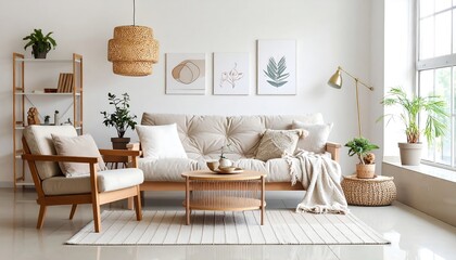 Cozy living room with modern furniture with plants, and decor and bright natural light.