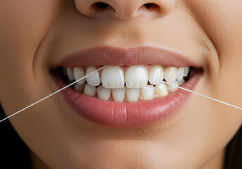 Fototapeta premium Person flossing teeth closeup