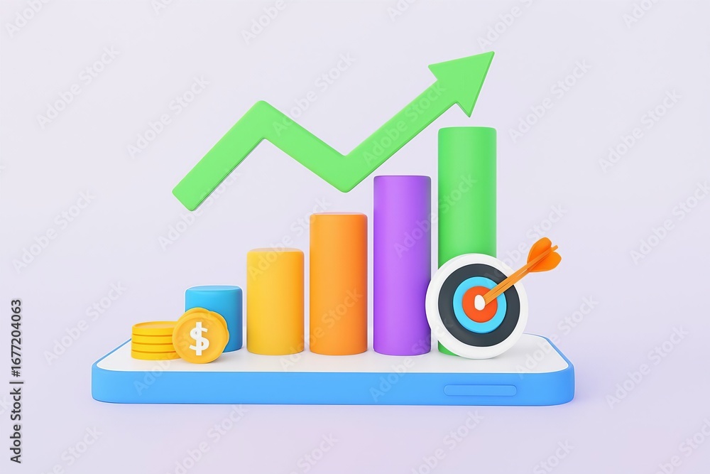 Poster 3d bar chart with upward trend arrow and dart hitting target