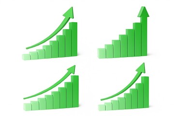 Four green bar charts with upward trending arrows showing growth and success