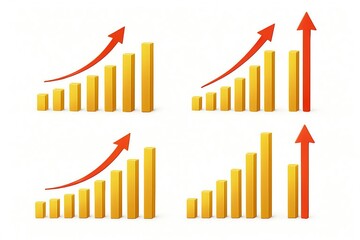 Four golden bar graphs showing upward trend with red arrows indicating growth