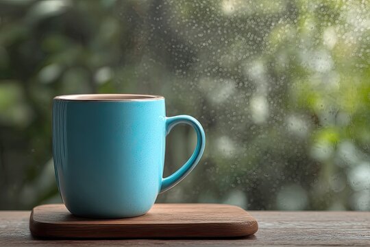 A light blue mug sits on a wooden coaster near a rain-streaked window with blurred greenery beyond - Powered by Adobe