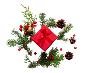 Christmas background concept. Top view of Christmas gift box red sock with spruce bra