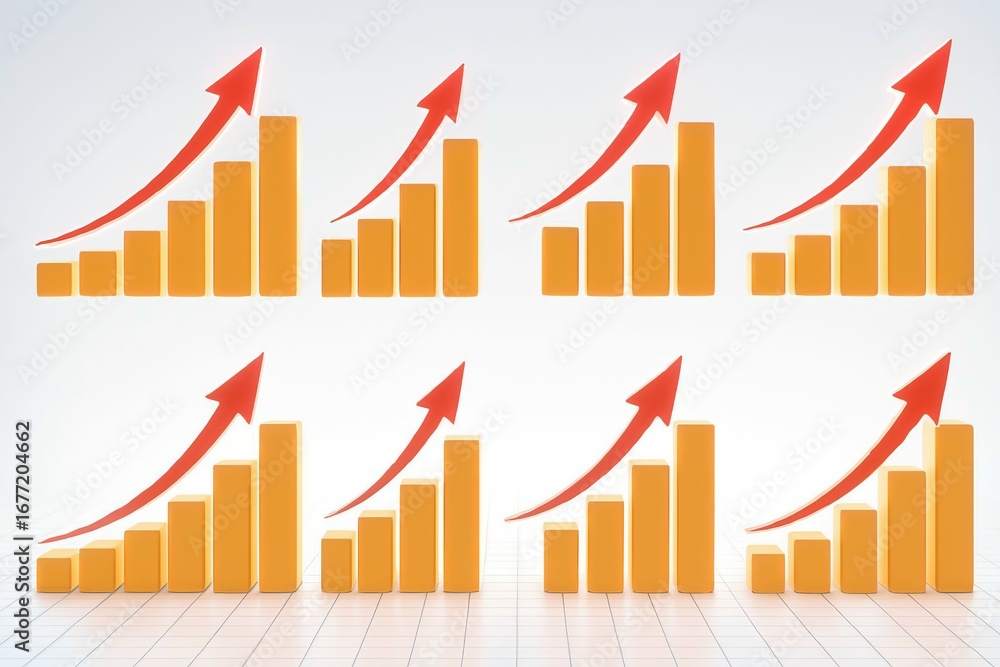 Poster multiple golden bar charts showing upward trends with red arrows