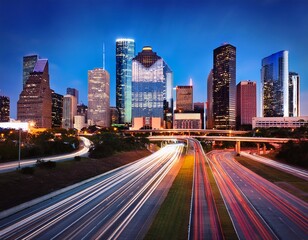 Obraz premium night cityscape highway traffic streaks modern buildings texas