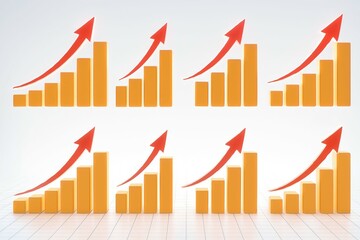 Multiple golden bar charts showing upward trends with red arrows