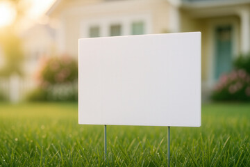 Blank Yard Sign On Sunlit Green Lawn In Front Of Suburban House, Clean Copy Space For Message