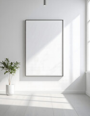Clean Poster Mockup on Smooth White Wall, Minimal Minimalist Background